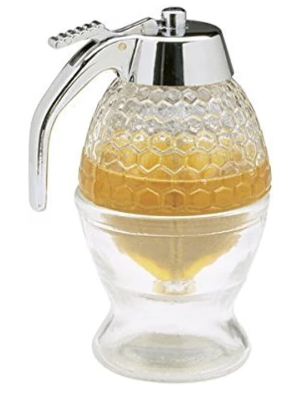 Honey/Syrup Dispenser with Pour-Stop Lid and Glass Base - Silver and Clear